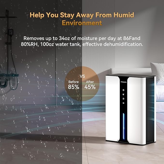 PTHRAOUTA Home Dehumidifier with Drain Hose, (950 sq.ft) 95oz Quiet dehumidifier for Bathroom Bedroom, with Air Reusable Filter Indoor deshumidificador for Basement RV Closet