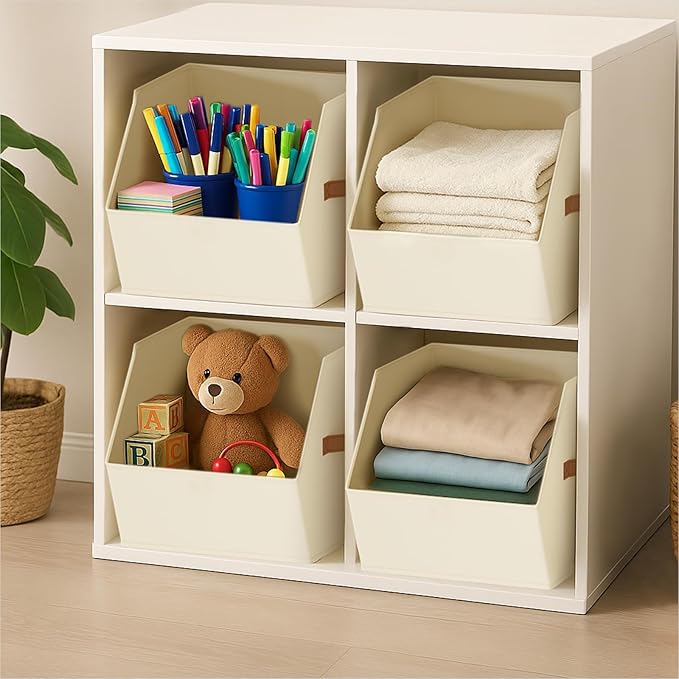 Homsorout Large Closet Storage Cubes - Closet Storage Bins with Dual Handles for Clothes, Towels, Toys, Shelf Organizer Bins for Bedroom, Nursery, Shelves, Small Spaces, Beige, 3 Pack
