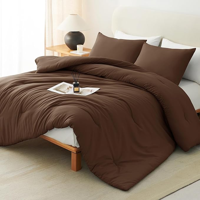CozyLux King Size Comforter Set Brown, 3 Pieces Solid Comforters King Size Breathable Quilted Bedding Sets, Luxury Soft Lightweight Bed Set with Down Alternative Comforter and 2 Pillowcases All Season