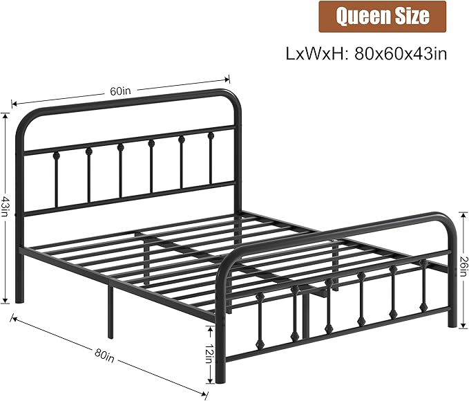 Shintenchi Queen Size Metal Platform Bed Frame with Headboard & Footboard, Steel Slat Mattress Foundation, Under Bed Storage, Noise-Free, No Box Spring Needed, Black Round