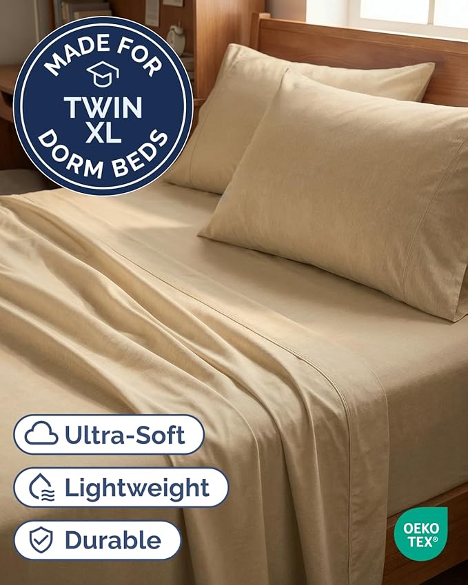 Twin XL 4 Piece Sheet Set - Comfy, Breathable & Cooling - Soft Hotel Luxury Bedding for Women, Men, Kids, Teens and Children - 1 Flat & 1 Fitted Sheet & 2 Pillowcases with Deep Pockets - Heathered Tan