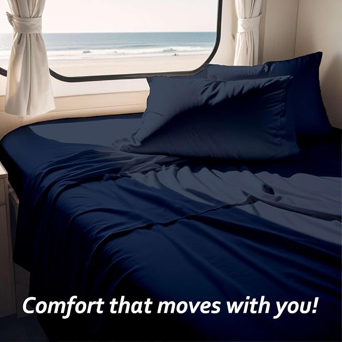 Short Queen RV Camper Sheet Set (60x75) – 100% Egyptian Cotton, Soft & Cooling, 16” Deep Pocket Fitted Sheet, Luxury Hotel Quality Bedding for RVs, Campers & Motorhomes (Navy Blue Solid)
