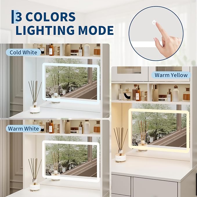 Garvee 3 in 1 Vanity Desk with LED Light, Tall Makeup Vanity Set with 2 AC Outlets & USB-c, Dressing Table with Drawers & Acrylic Doors, Nightstand Vanity Mirror, Jewelry Box, Cushioned Chair, White