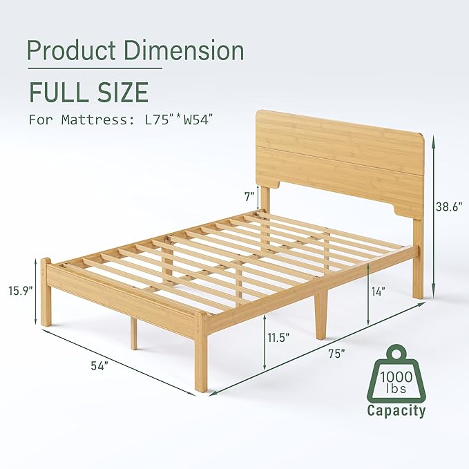 BOSRII 14in High Solid Bamboo Wood Platform Full Size Bed Frame with Headboard, Reinforced Heavy Duty Metal Slats, Noise Free, No Box Spring Needed, Easy Assembly