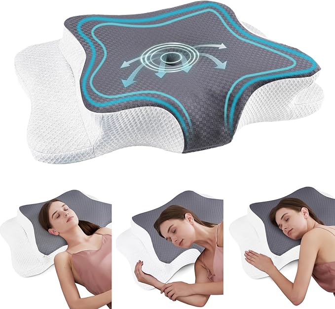 CHxxy Cervical Neck Pillow for Pain Relief Sleeping, Memory Foam Pillows, Ergonomic Side Sleeper Pillows, Cooling Orthopedic Neck Support Pillow for Back Stomach Sleepers-Queen Size Grey&White