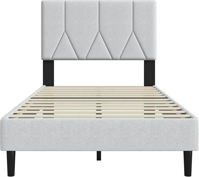 Twin Bed Frame, Padded Platform Bed Frame with Fabric Headboard, Vertical Quilted Design, Sturdy Slatted Mattress Base, No Spring Mattress Required, Easy to Assemble, Light Gray