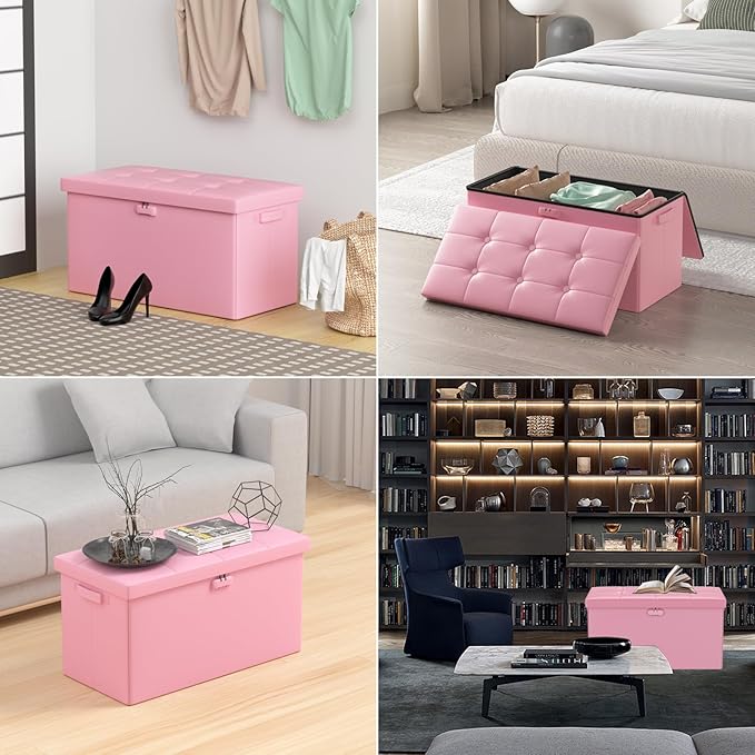 DocSafe Storage Ottoman Bench with Lock,Fireproof 30 Inches Folding Bench Foot Rest Stool Storage Chest Safe for Living Room,Bedroom,Home Office,Waterproof Leather Ottoman with Handles,Pink