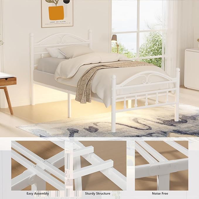 12 Inch Twin Size Bed Frames with Charging Station,White Metal Platform Bed Frame with LED Lights,Heavy Duty Metal Steel Slats Support,No Box Spring Needed,Noise Free,Easy to Assemble