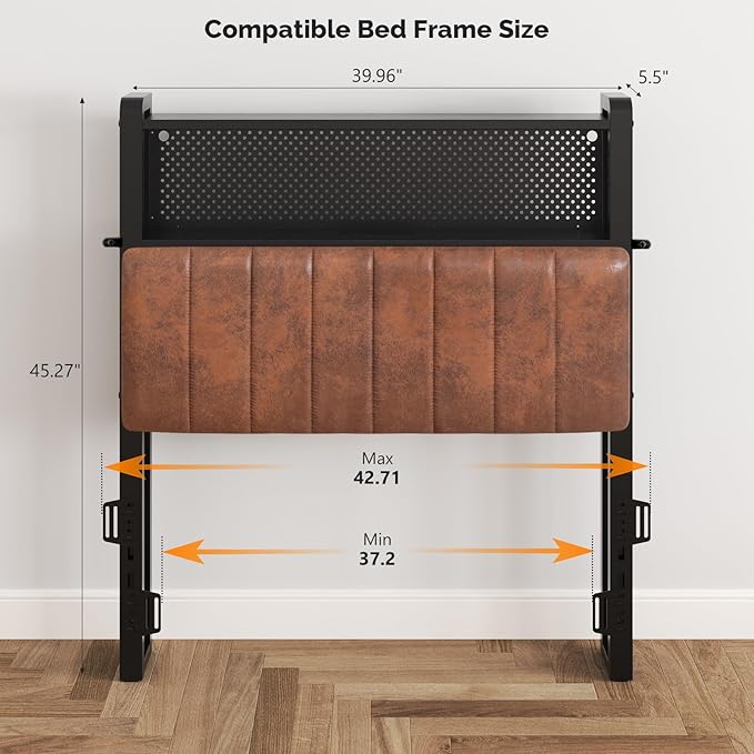 VINGLI Twin Size Headboard with Storage, Upholstered Head Board for Twin XL Bed, Charging Stations and LED Light, 2 Tier Shelves and Pegboard,Height Adjustable, Industrial Brown