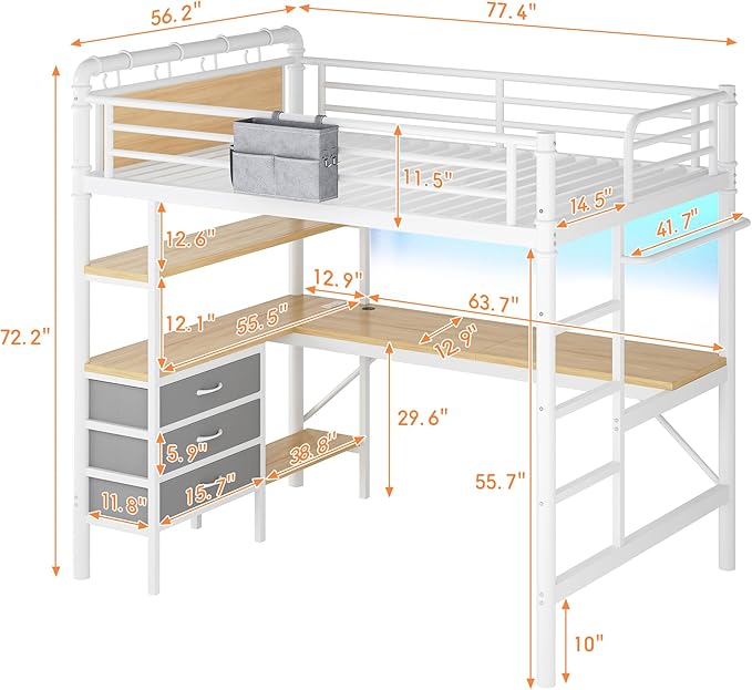 Jocoevol Full Size Loft Bed with L-Shaped Desk, LED Lights,Charging Station, Industrial Heavy Duty Metal Loft Bed Frame with 3 Storage Shelves and 3 Fabric Drawers, Safety Guard & Ladder, White