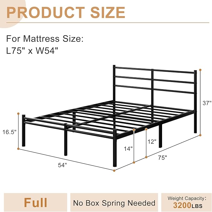 Yicensen Full Size Bed Frame with Headboard and Footboard, 14 Inch Metal Platform Full Bed Frame with Steel Slat Support, No Box Spring Needed, Noise Free, Easy Assembly, Black