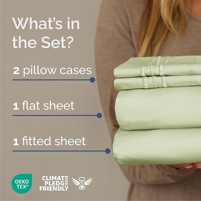 Queen Size 4 Piece Sheet Set - Comfy Breathable & Cooling Sheets - Hotel Luxury Bed Sheets for Women & Men - Deep Pockets, Easy-Fit, Soft & Wrinkle Free Sheets - Light Sage Green Oeko-Tex Bed Sheets