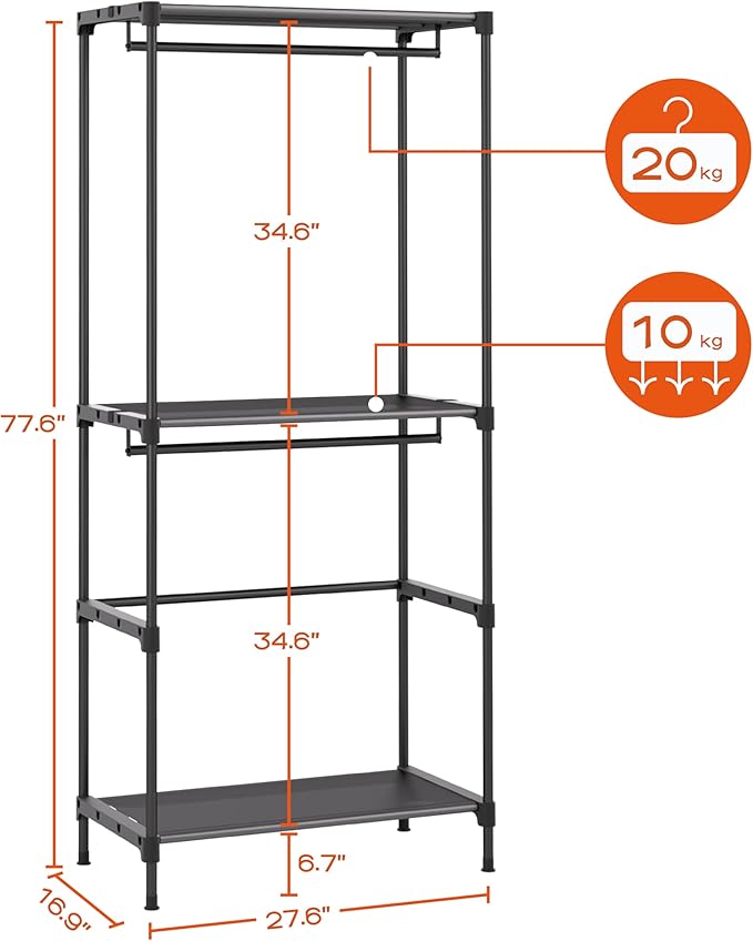 CASAMAYA Clothes Rack, Portable Closet, 27.6 Inch Wardrobe Closet, Clothes Storage Organizer with Shelves and 2 Hanging Rods, Easy to Assembly, Black PCT001B01