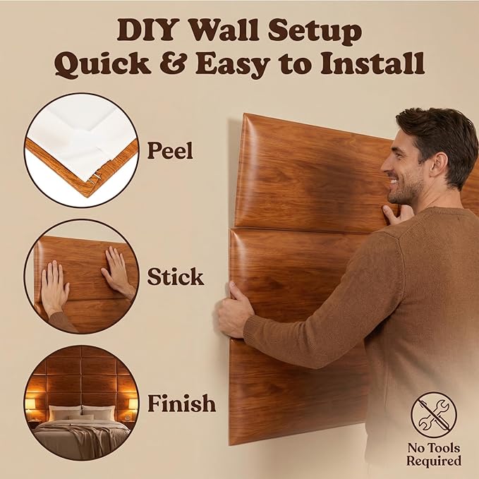Xuhal 6 Pack 23.6'' x 9.8'' Full-Size Peel and Stick Headboard for Twin Rustic Wood Pattern Self-Adhesive Wall Panels Stick on 3D Soundproof Wall Mount Bed Headboard for Bedroom Playroom