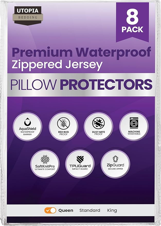 Set of 8 Pillow Protectors with Zipper Queen Size, Bed Bug and Dust Mite Proof Pillow Covers, Ultra Soft Pillow Encasements, Moisture Wicking and Waterproof Pillow Cases by Utopia Bedding (White)