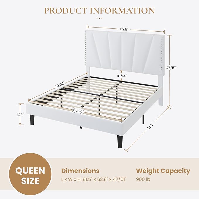 SHA CERLIN Queen Size Bed Frame with Adjustable Upholstered Velvet Rivets Headboard, Sturdy Wooden Slats, Strong Platform Support for Mattress, No Box Spring Needed, Easy Assembly, White