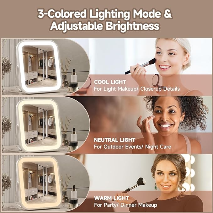 PRIMETEK Travel Makeup Mirror with Lights, Portable Small Beauty LED Vanity Mirror with Lights, Dimmable Touch Screen, Tabletop Folding Compact Mirror,Women Gift