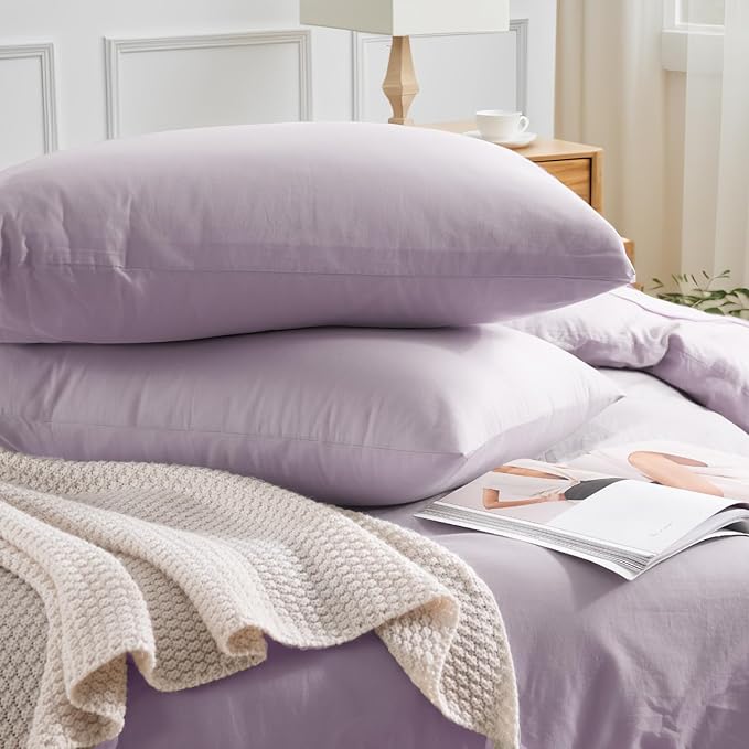 NEXHOME PRO Duvet Cover Set 100% Washed Cotton Kids Twin XL 66"x92", Organic Natural Linen Like Textured 2 Pieces Bedding Set Lavender Lilac with Zipper Closure, Corner Ties, Breathable (No Comforter)