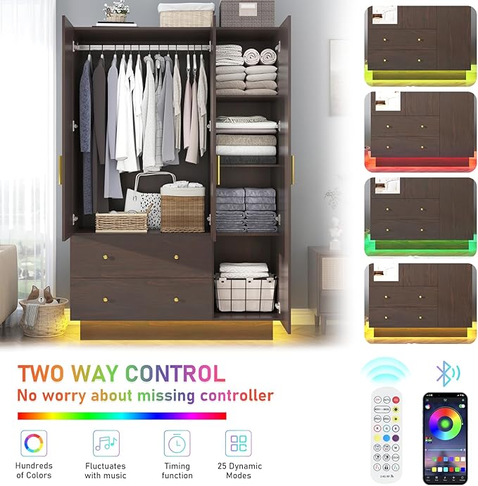 jiteentarou 3 Door Wardrobe Closet with Mirror & LED Lights, Bedroom Armoire with Drawers & Shelves, Farmhouse Wooden Armoire Wardrobe Closet with Hanging Rod for Bedroom, Brown