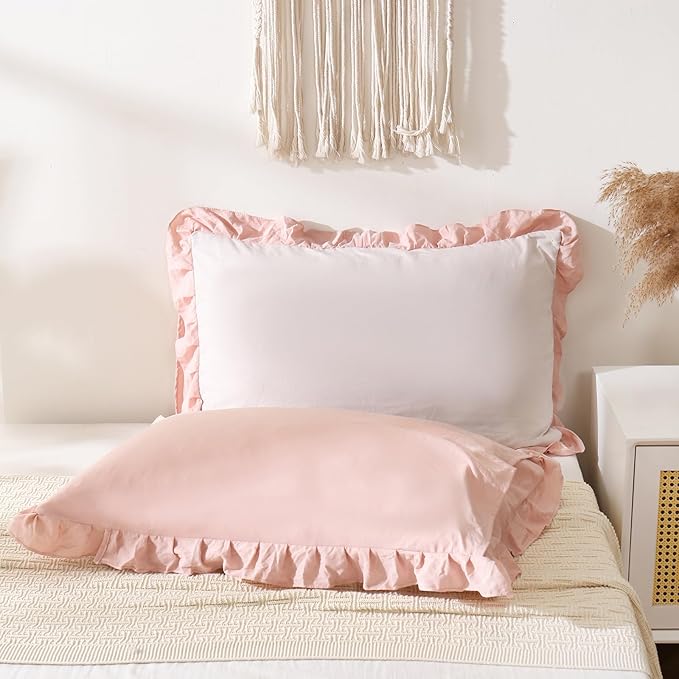 Merryword Pink Pillow Shams Standard Pillowcases 20x26inch Beige and Pink Reversible Cute Pillow Cover Set of 2 Soft Shabby Chic Ruffled Pillowcases