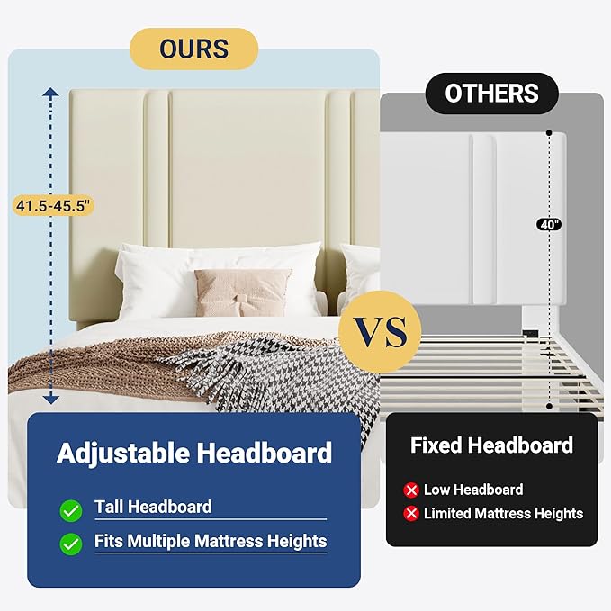 Allewie King Size Platform Bed Frame with Adjustable Headboard, Plush Velvet Upholstered, Vertical Channel Tufted, Sturdy Wooden Slats, No Box Spring Needed, Easy Assembly, Cream