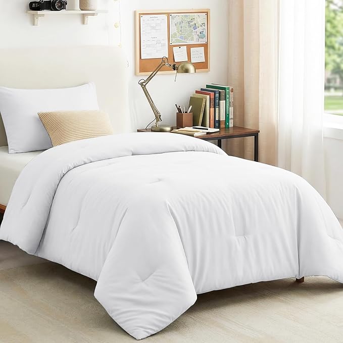 CozyLux Twin Comforter Set White, 2 Pieces Twin Extra Long Solid Breathable Bedding Sets for College Dorm, Twin XL Luxury Soft Bed Set with Down Alternative Comforter and 1 Pillowcase All Seasons