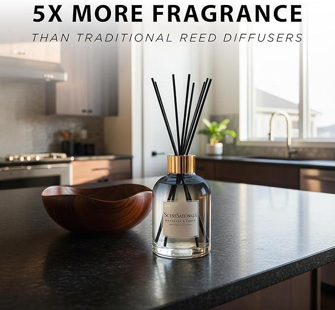 ScentSationals Water-Based Reed Diffuser - Mahogany & Amber - 5 FL OZ Aromatherapy Reed Diffuser