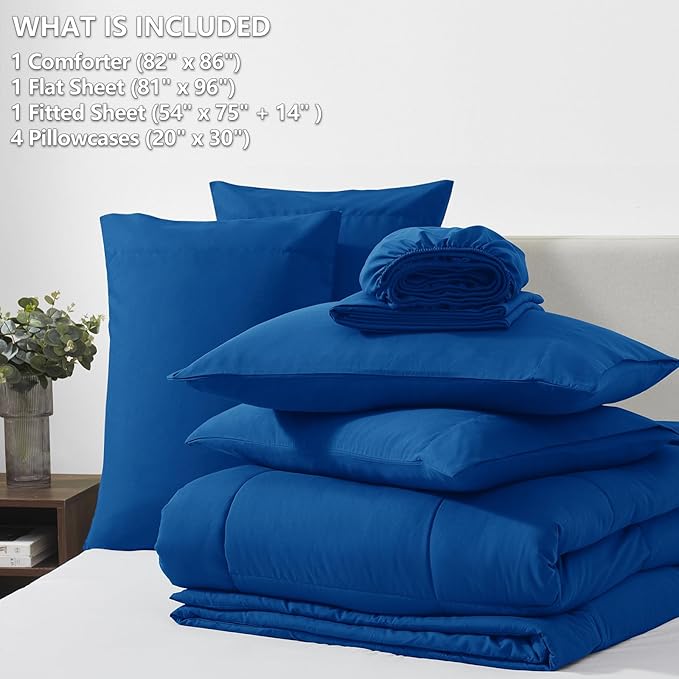 CozyLux Full Size Comforter Sets Classic Blue, 7 Pieces Bed in a Bag, Blue Comforter Full Size, All Season Bedding Sets with Stitch Quilted Comforter, Flat Sheet, Fitted Sheet, Pillowcases