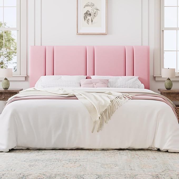 SHA CERLIN King Size Platform Bed Frame, Velvet Upholstered Bed with Adjustable Headboard, Vertical Channel Tufted Design, Sturdy Wood Slat Support, No Box Spring Needed, Easy Assembly, Pink