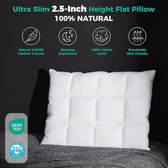 Three Geese Ultra Thin Flat Goose Down Feather Pillows for Sleeping Standard Size, 2.5" Height, 100% Cotton Cover, Ultra Slim Hotel Collection Bed Pillow for Stomach, Back Sleeper, 18x26 in.