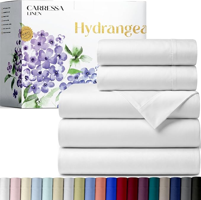 Carressa Linen 100% Egyptian Cotton Split King Sheets Sets for Adjustable Bed - 600 Series Hydrangeas Collection 5 PC White Top Split King Sheets, 16" Deep Pocket Sheet for Adjustable Bed
