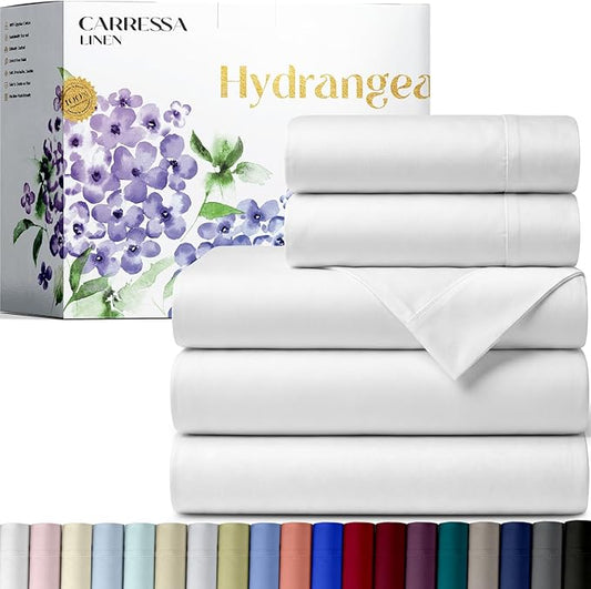Carressa Linen 100% Egyptian Cotton Split King Sheets Sets for Adjustable Bed - 600 Series Hydrangeas Collection 5 PC White Top Split King Sheets, 16" Deep Pocket Sheet for Adjustable Bed