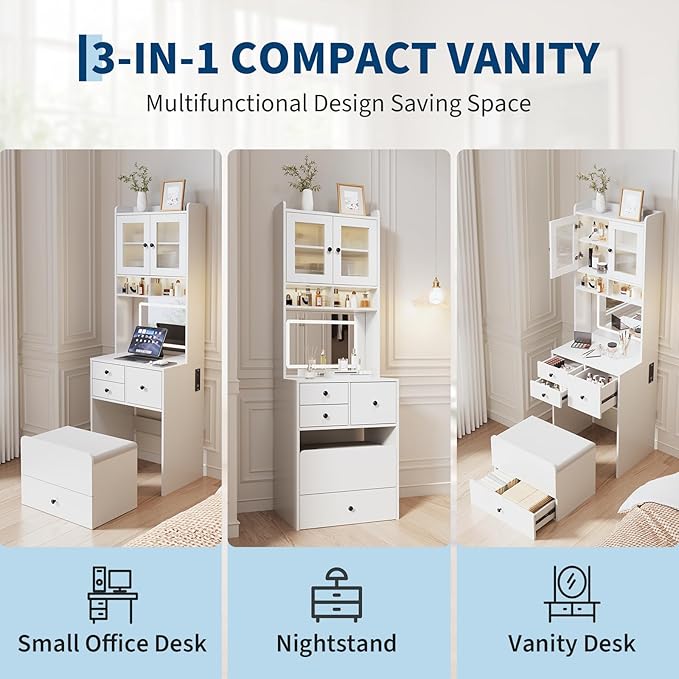 Garvee 3 in 1 Vanity Desk with LED Light, Tall Makeup Vanity Set with 2 AC Outlets & USB-c, Dressing Table with Drawers & Acrylic Doors, Nightstand Vanity Mirror, Jewelry Box, Cushioned Chair, White