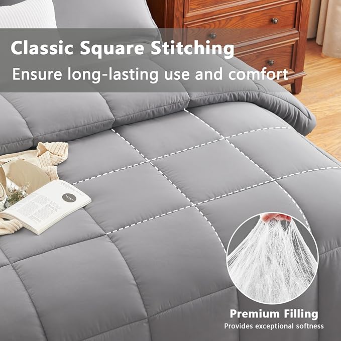 CozyLux Full Size Comforter Sets - 270GSM Grey Bedding Sets for All Seasons, 3 Pieces Box Stitched Bed Set with 1 Down Alternative Comforter and 2 Pillow Shams, Soft, Lightweight, Breathable