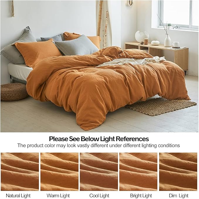 Simple&Opulence 100% Linen Duvet Cover Set 3pcs Basic Style Natural French Washed Flax Solid Color Soft Breathable Farmhouse Bedding with Button Closure - Rust, King