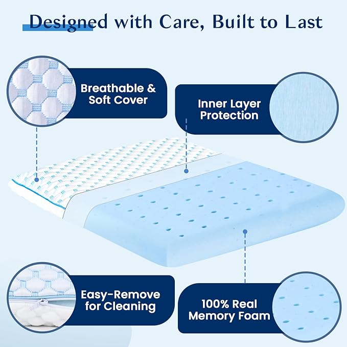 Flat Pillows for Sleeping Thin Memory Foam Pillows for Stomach and Back Sleepers, Cooling Gel Stomach Sleeping Pillow for Hot Sleepers, Low Memory Foam Pillow for Back Sleeper 2 Pack 2.25-Inches
