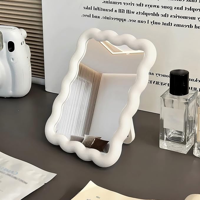 Wave Shaped Table Desk Vanity Makeup Mirror Cute Portable Travel Folding Make Up Mirror for Standing Hanging 6.7X5.3 Inch Home Decoration (White)