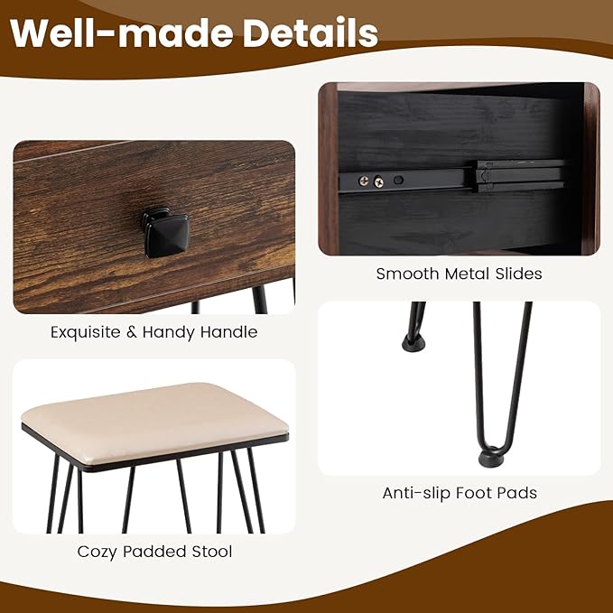 COSTWAY Vanity Desk with Mirror and Lights, Makeup Dressing Table Set w/ 3 Color Lighting Modes & Adjustable Brightness, Vanity Mirror with Desk and Stool for Bedroom Small Spaces (Rustic Brown)