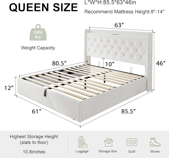Feonase Queen Bed Frame with Storage & Charging Station - Hydraulic Lift Up Platform Bed, Upholstered Button Tufted Headboard, Sturdy Wooden Slats, Noise-Free, No Box Spring Needed,White