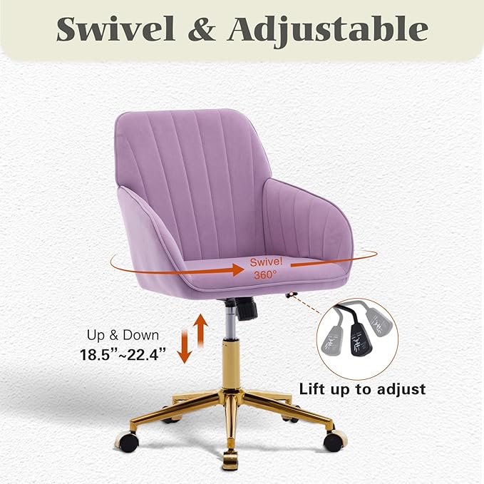 Velvet Vanity Chair with Wheels, Height Adjustable Swivel Makeup Chair, Armless Small Desk Chair for Bedroom/Office/Vanity Table, 250 lbs Capacity (Velvet, Lilac-2)