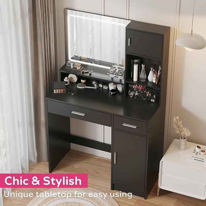 Palimder Vanity Desk with LED Light Mirror, Dressing Table with Large Drawer & 3-Tier Storage, Adjustable Brightness 3 Lighting Modes, Modern Makeup Desk for Bedroom, Bathroom, or Living Room