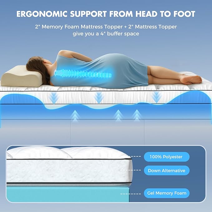 Twin XL Dual Layer 4 Inch Memory Foam Mattress Topper for Pressure Relief, 2" Breathable Pillow Top Plus 2" Cooling Gel Memory Foam Mattress Pad, 21" Elastic Pocket, Medium Support, White