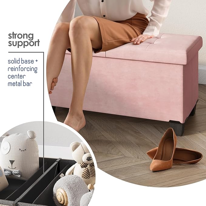 Storage Ottoman Bench with Bins, 43-in Storage Bench for Bedroom End of Bed, Folding Foot Rest Ottoman for Living Room Max 660lbs, Velvet Ottomans, Pink