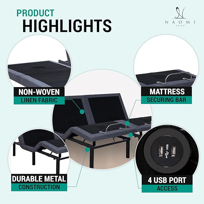 Naomi Home Idealbase Split King Adjustable Bed Frame with Lumbar Support Head Tilt Foot Incline Back Leg Massage USB Ports Massage Bed with Wireless Remote Ergonomic Zero - Gravity Smart