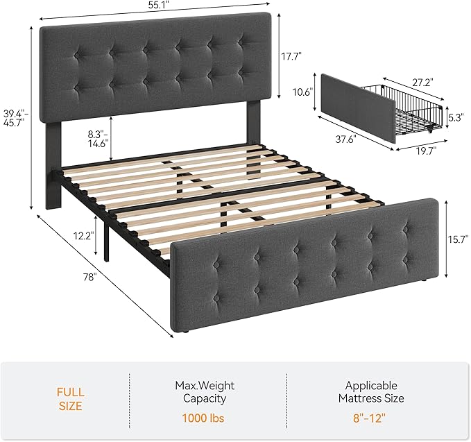 IDEALHOUSE Full Size Bed Frame with 4 Storage Drawers and Adjustable Headboard, Upholstered Mattress Foundation with Skin-Frienly Linen, No Box Spring Needed, Dark Grey (Full)