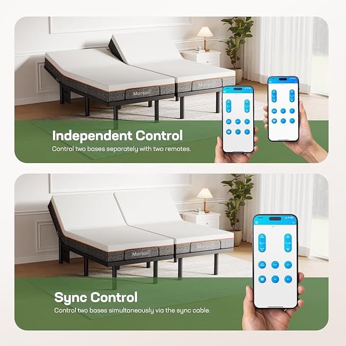 Marsail MS01-2 Split King Adjustable Bed Base with Massage-APP Connects Adjustable Bed Frame with 4 Height Options, 3 Minutes Fast Assembly, Wireless Control Adjustable Bed with Under-Bed Nightlight