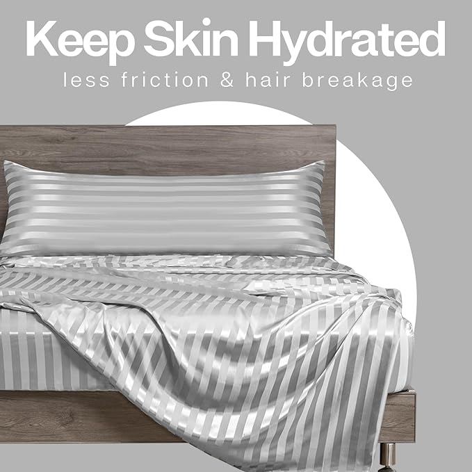 MR&HM Satin Body Pillow Cover, Soft and Breathable Body Pillow Case with Envelope Closure, Cooling and Silky Long Pillowcase for Hair and Skin,Grey (20x54, Silver Striped)
