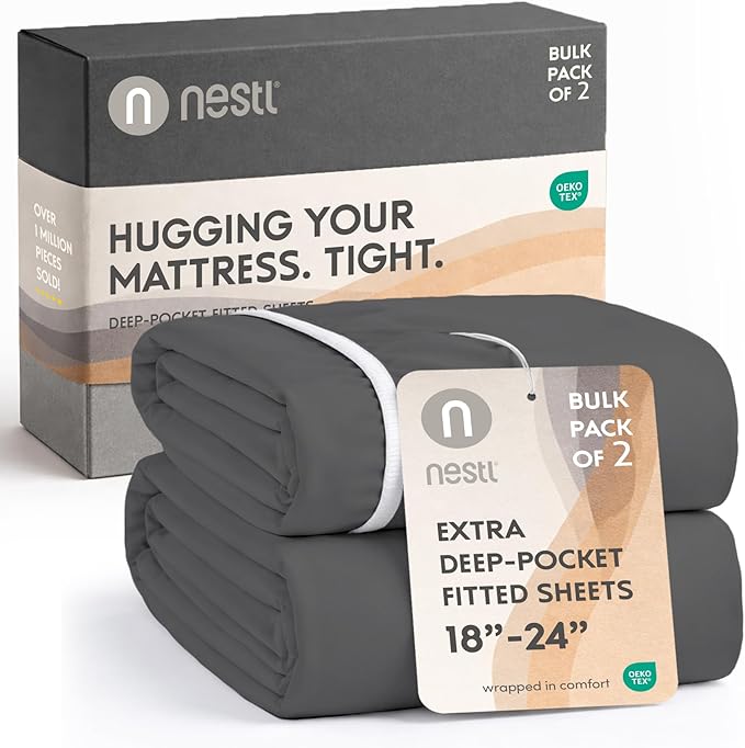 Nestl 2 Pack Dark Grey Fitted Sheet Extra Deep Pocket, Hotel Luxury TwinFitted Sheet Only Easily Fits 18 to 24 Inch Mattress, Super Soft, Wrinkle-Free and Breathable with Corner Straps