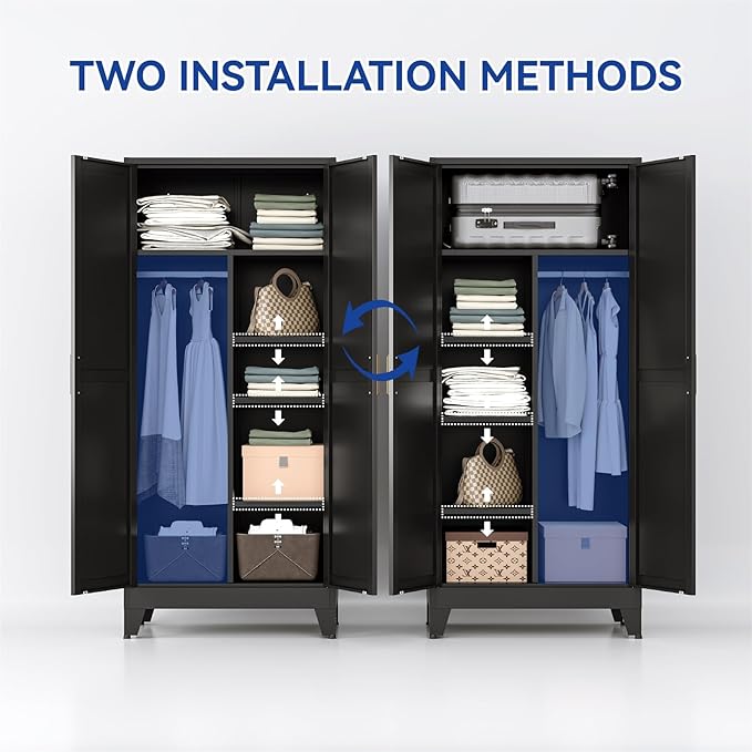 COFaR Wardrobe Closet with Doors, Metal Bedroom Armoire with Adjustable Hanging Rod and Shelves, Farmhouse Broom Closet Storage Cabinet for Garage Laundry Office, 70.87" H x 31.5" W x 17.72" D, Black