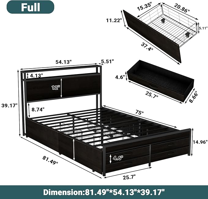 Zevemomo Full Bed Frame with 8 Storage Drawers, Full Metal Bed Frame with LED Light and Charging Station, Heavy Duty Metal Slats, No Box Spring Needed, Black
